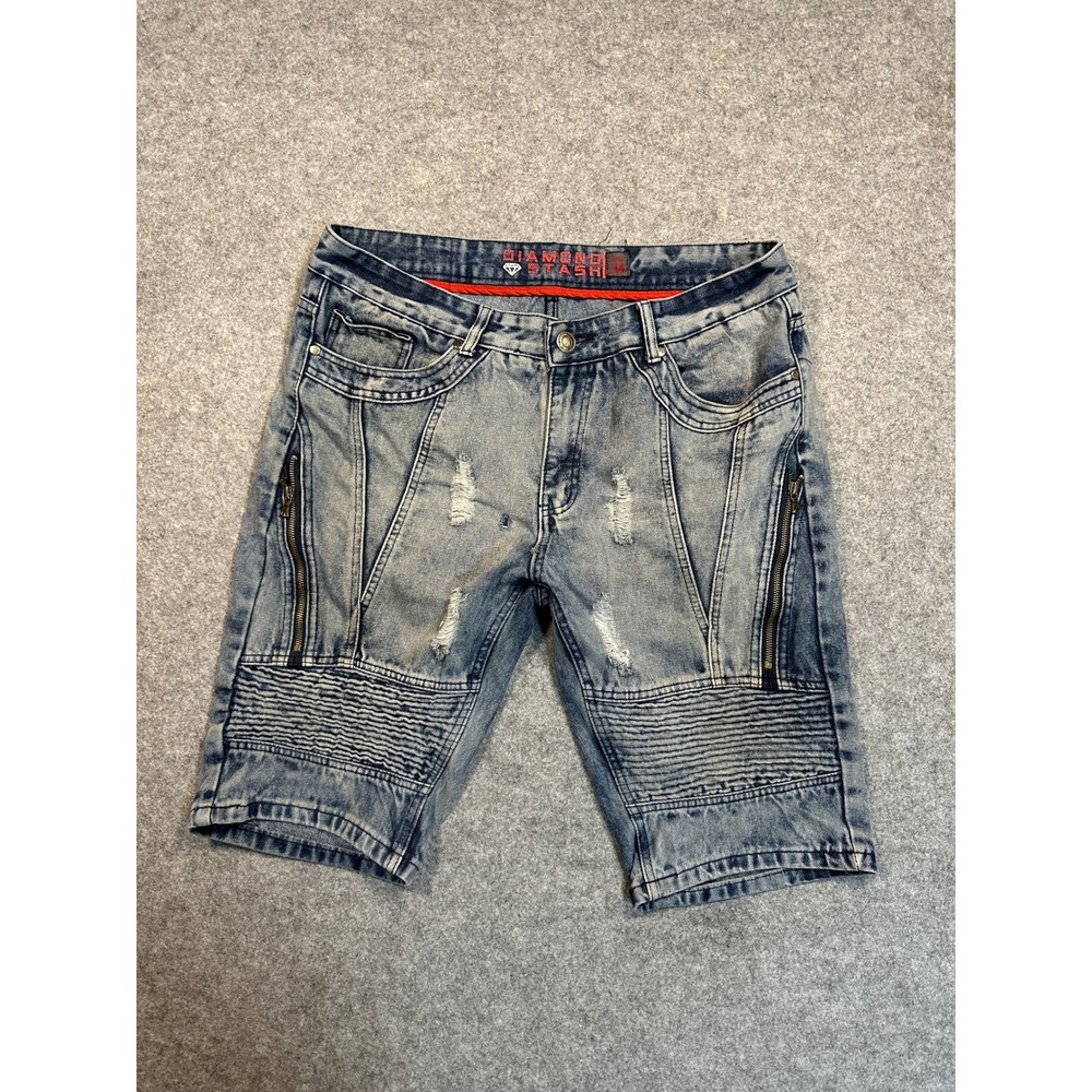 Diamond Stash Mens Moto Denim Shorts Blue Distressed Zipper Pockets Size 34